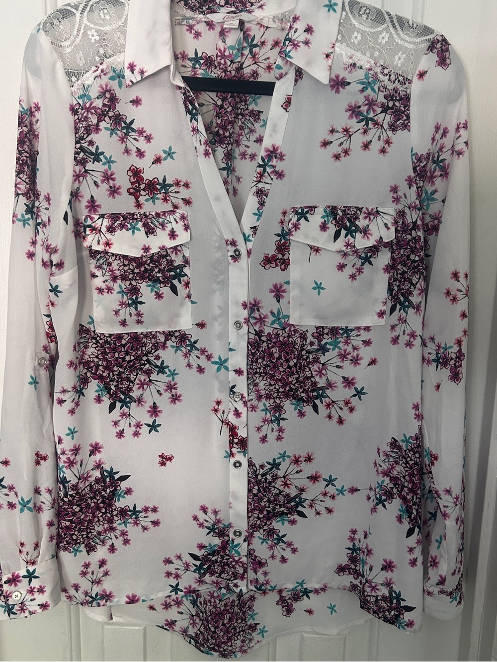 Candie's White Button-Down Blouse with Purple & Teal Floral Print